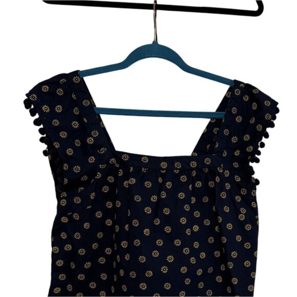 J. Crew Womens Floral PomPom Trim Cotton Blend Square Neck Top NavyYellow Size 4 - Picture 2 of 6